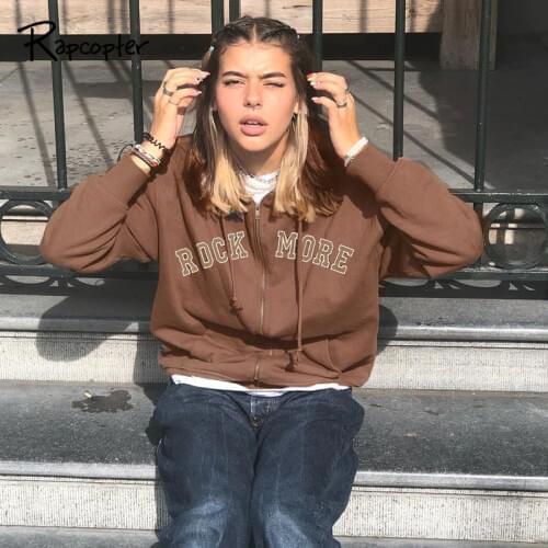 Rapcopter Fleece Warm Jackets Women Harajuku Coat Zipper Hooded Outfits Y2K Brown Outwear Women Autumn Winter Coat Streetwear