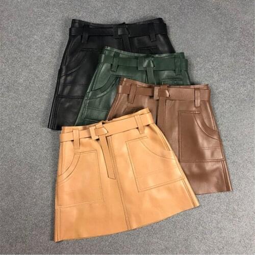 Spring Autumn Womens High Quality Sheepskin Real belt Skirts New designer genuine Leather A-line skirt C636