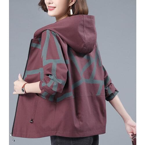 Middle-aged Mother Spring Autumn Print Hooded Short Coat Plus size 4XL Loose Cotton Windbreaker Female All-Match Casual Jacket