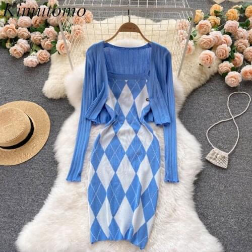 Kimutomo Women Sets 2021 Autumn Korea Elegant Temperament Ladies Long-Sleeved Knitted Cardigan All-Match Suspender Skirt Suit