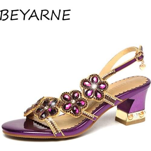 BEYARNE Womens sandals 2021 new flowers Roman womens shoes buckle rhinestone thick heel crystal shoes diamond-studded womens