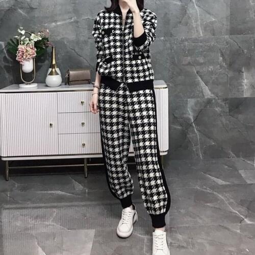 2020 New Fashion Houndstooth Plaid Knitted Two Pieces Set Women Knit Cardigan Zipper Jacket Coat+Pocket Harem Pant Suit Outfits