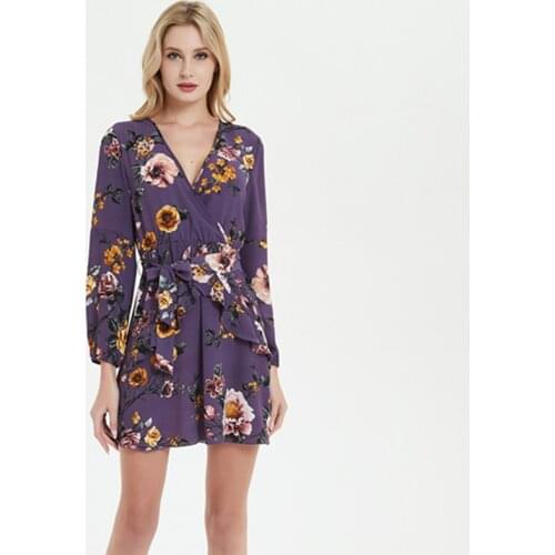 2019 New Arrival Women Floral Print Mini Dress V Neck Sexy Long Sleeve Lady Dress Beach Spring Summer Dresses