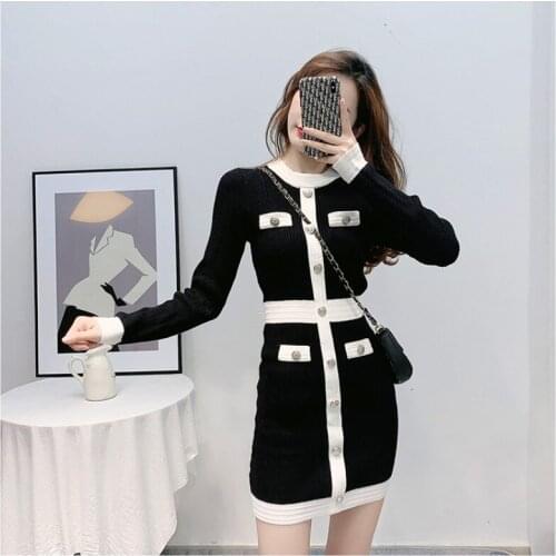 New Arrival Autumn Korean O-neck Long Sleeve Knitted High Quality Dress Womens Runway Slim Waist Bright Shinny Outfit Vestidos