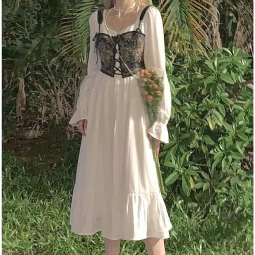 Korean Princess Vintage Dress Women Autumn 2021 Patchwork Elegant Midi Dress Female Long Sleeve Party High Waist Casual Dress