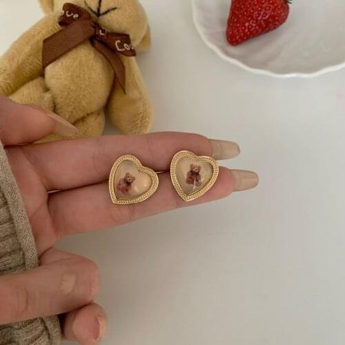 2021 Trendy Simple Metal Bear Love Heart Stud Earrings for Women Girl Small Ear Clip Earring Without Piercing Jewelry Oorbellen