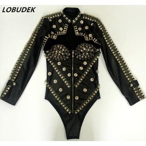 PU Leather High fork bodysuit Bright Crystals Leotard jumpsuit short jacket sets nightclub Bar female singer jazz DJ costumes