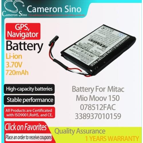 CameronSino Battery for Mitac Mio Moov 150 fits Mitac 078512FAC 338937010159 GPS,Navigator battery 720mAh 3.70V Li-ion Black
