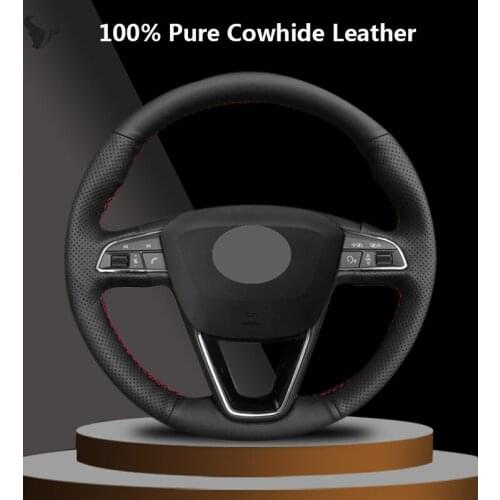 Black Genuine Leather Steering Wheel Cover for seat ibiza leon 5f mk3 2013-2019 ibiza 6j tarraco arona ateca