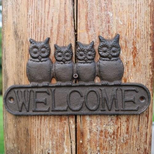 Four Owls Cast Iron Welcome Signs Plaques In Oval Shape Farm House Accents Handmade Rustic Home Garden Wall Decor Metal Craft