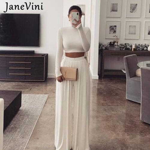 JaneVini Spring Women Fashion White High Waist Wide Leg Pant+Crop Top Two Piece Sets Long Sleeve Solid Ladies Casual Streetwear