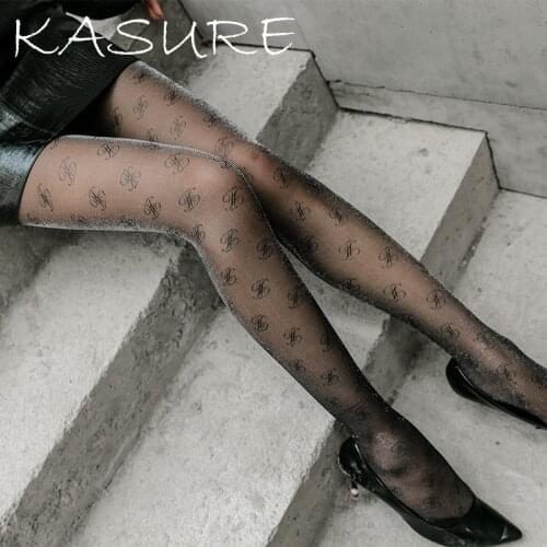 KASURE Women Sexy Transparent Tights With Patterned Tattoos Inscription Nylon Tights Elastic Silver Yarn H Print Pantyhose