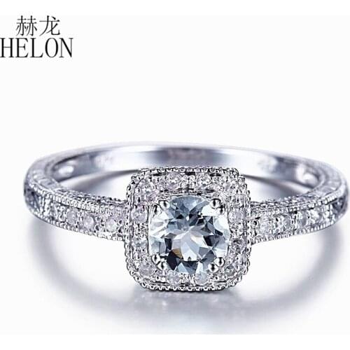 HELON Sterling Silver 925 Round 4.5mm Genuine Aquamarine Diamonds Engagement Ring Women Fine Jewelry Wedding Diamonds Ring