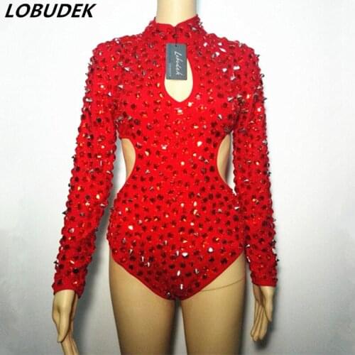 Red Rhinestones Rivet Bodysuit Sexy Hollow Out Crystals Catsuit Nightclub DJ Female Singer Performance Stage Costume Hand Sewing