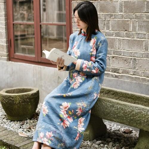 LZJN Long Sleeve Women Thick Dress Chinese Style Stand Collar Vintage Cheongsam Winter Warm Fleece Qipao Dress