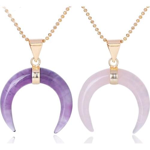 Trendy Crystal Pendant Necklace Moon Teeth Shaped with Gold Plated Beads Chain