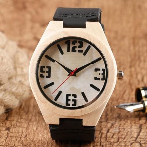 Men Wooden Watch Pure Bamboo Modern Wristwatch Analog Sports Clock Man Quartz Black Genuine Leather Nature Wood Watches for Men
