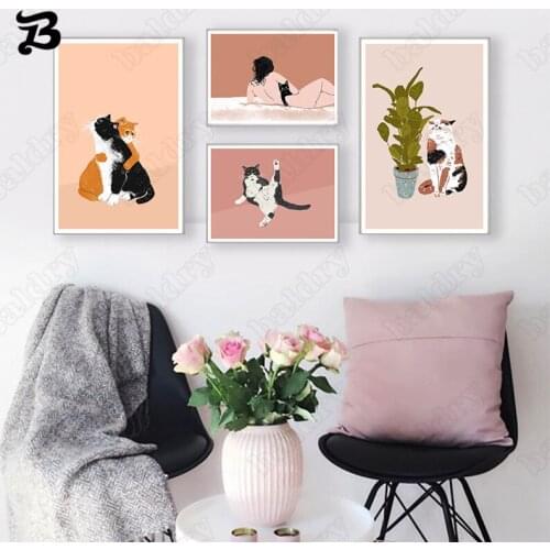 Funny Cat Wall Art Canvas Painting Posters and Prints Vintage Banana Naked Woman Wall Pictures for Living Room Home Decoration