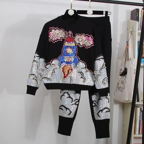 Autumn Fashion Loose Sequins Beading Casual Knitted Tracksuit Set Women Black Pullover Sweater Long Pencil Pants Outfits Female