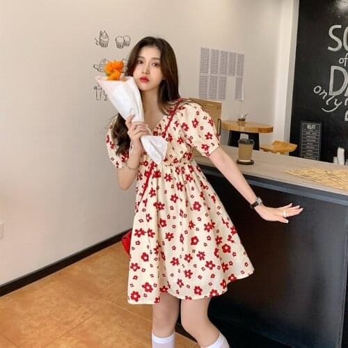 Dress for Women Retro Floral Dress Female Summer French V-neck Puffy Sleeves Waist Small Temperament A-line Skirt Mini Dress