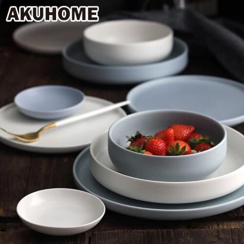 Matte Blue&White Style China Bone Plate 6 8 10 Inch Soup Plate Flat Plate Dishwasher Available