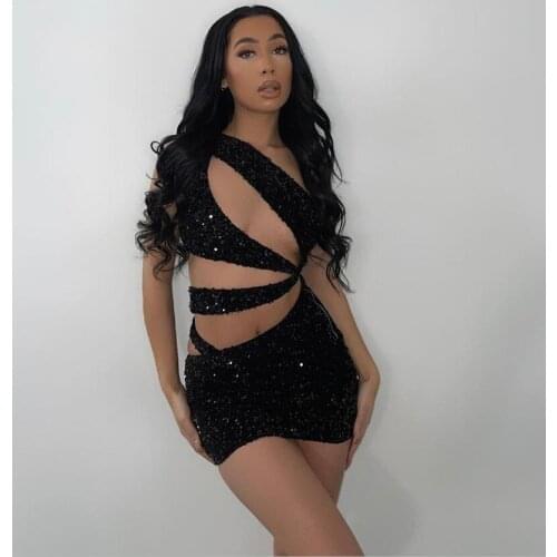 Echoine luxurious Sequin Irregular Mini Dress Party Club Sexy Black Dresses Sleeveless Skiiny Bodycon Hollow Out Club Outfits