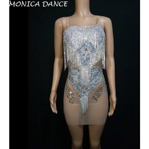 Sexy Sparkly Silver Crystals Tassel Mesh Dress Birthday Prom Celebrate Fringes Dress Bar Evening Women Dancer Rhinestones Dress