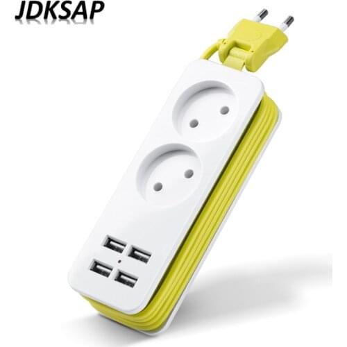 2 Round Plug Power Strip 2 AC Power Socket EU Plug 1200W 250V, 1.5m Cable, Wall Multi-Socket 4 USB Ports For Smart Phones