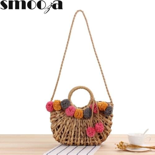 SMOOZA Women Casual Shoulder Handbags 2021 Fashion Hollow Hand-Carried Straw Woven Bags Cute Color Fur Ball Holiday Beach Bags