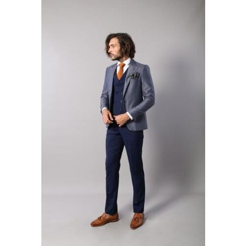 Navy Blue Self-Patterned Vested Suit Wessi