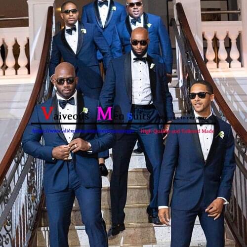 Dark Blue Tuxedo Men Suit Tailor Made Wedding Suits For Men Slim Fit Wedding Groom Tuxedos Business Blazer 2 Pcs (Jacket+Pants)