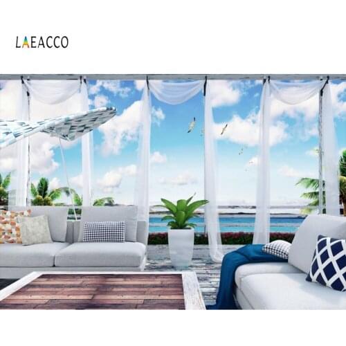 Tropical Summer View House Curtain Sofa Blue Sky Sea Baby Interior Photography Backdrop Photo Backgrounds Photocall Photo Studio
