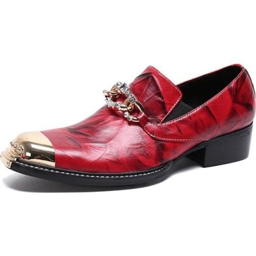 Fashion Slip On Genuine Leather Mens Red Dress Shoes Wedding Business Shoe Square Toe Gentlemen Leather Shoes Men Oxford Shoe