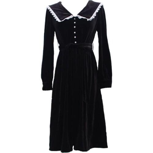 PERHAPS U Black Lace Sailor Collar Puff Sleeve Long Sleeve Mid Calf Midi Dress Elegant Winter Autum Vintage Preal Velvet D1422