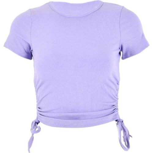 Women Short Sleeve Side Drawstring Slim T-Shirt Ribbed Knit Solid Color Crop Top