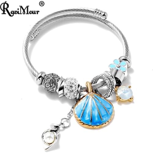 Boho Metal Enamel Shell Stainless Steel Bangles For Women Accessories Fashion Jewelry Charms Flower Bead Cuff Bracelets