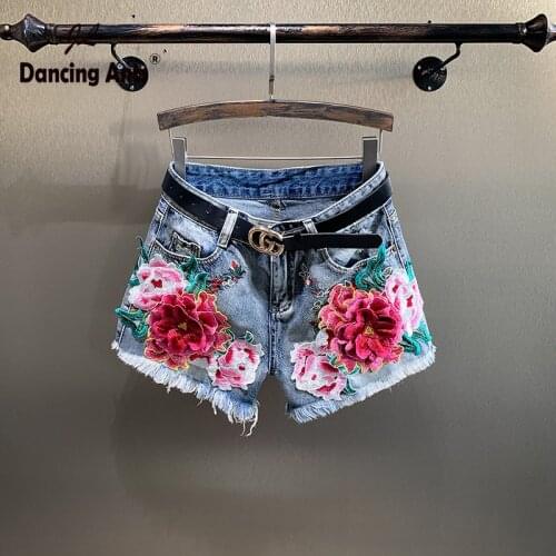 Women Embroidery Jeans Shorts Floral Print Oversized Wide-leg Hot Pants Loose High Waist Woman Denim