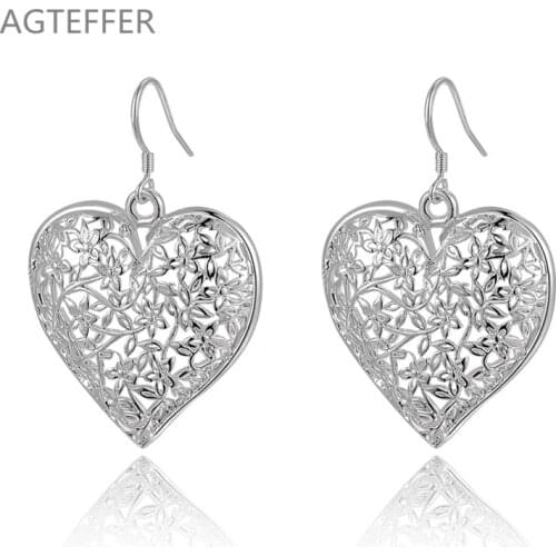 AGTEFFER 925 Sterling Silver Hollow Heart Flower Earrings For Women Best Gift Wedding Engagement Jewelry
