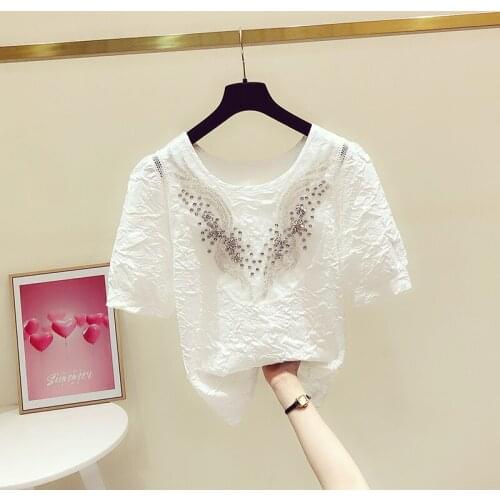 Pullover Fold Blouses Womens 2021 Summer New Puff Short Sleeve Round Collar Beads Diamond White Top Temperament Lady Blusas