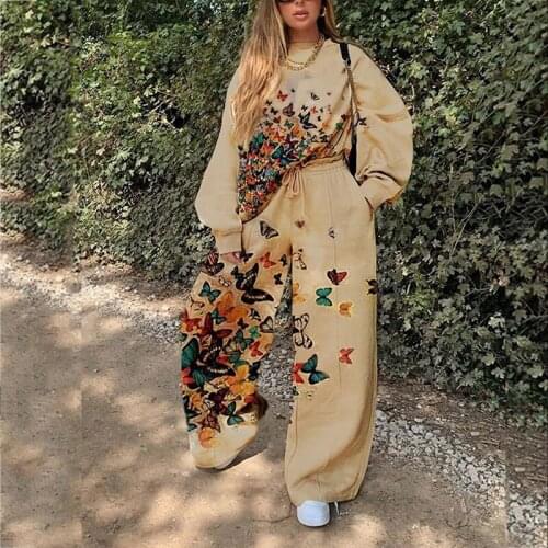 Butterfly Print Casual Vintage Thin Sweatshirt Two Piece Set Women Hoodies Tracksuit Streetwear Lady Pants Matching Set Autumn