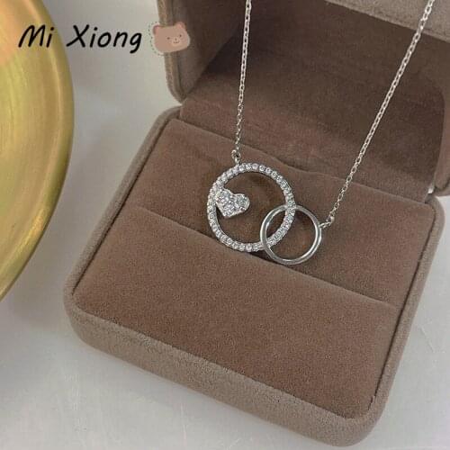 Mi Xiong 925 Sterling Silver Necklaces for Womens Exquisite Pendant Belt Chain Double Ring Love Luxury Jewelry Charm Party Fine