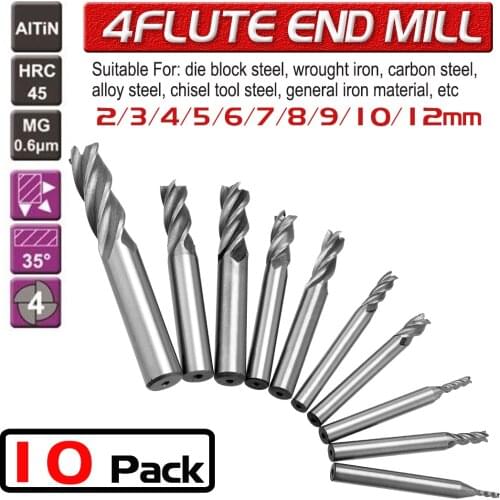10pcs 2-12mm Straight Shank 4 Flute End Mill TiAlN Coated Micrograin Carbide Slot Drill Bit Milling Machine Metalworking Tools