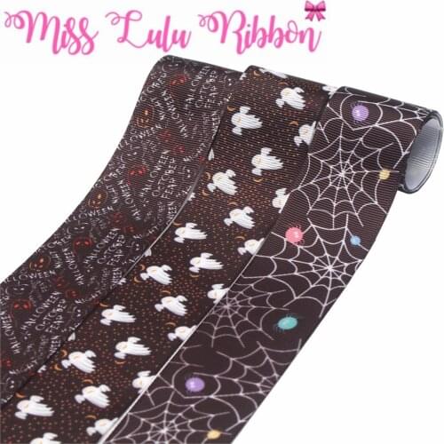 16mm-75mm Halloween Series Web Ghost Printed Grosgrain/Foe Ribbon Shiny Dots DIY Hair Bowknots Gift Pack 50yards/roll