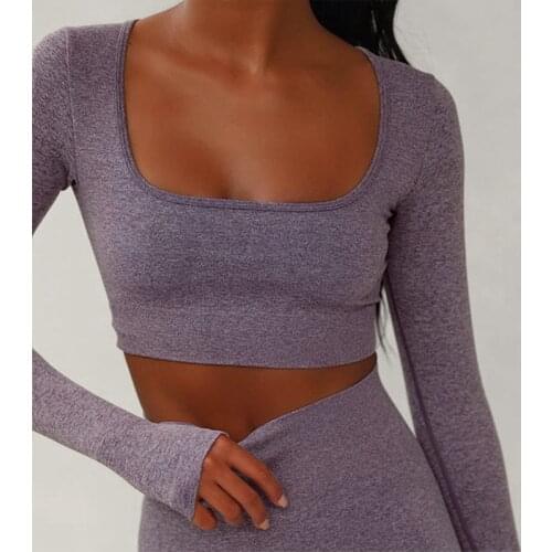 2021 OEM Custom Workout 2 Piece Yoga Long Sleeve Crop Top Seamless High Waisted Leggings Fitness Ative Wear Sets