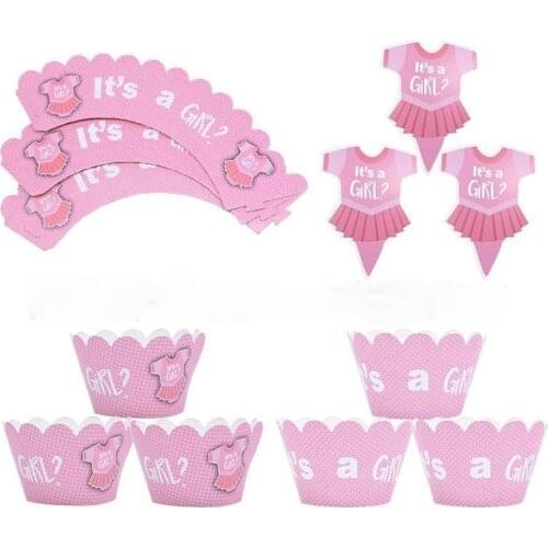 24 Pcs/set Sweet Its A Boy/Girl Cake Toppers Cupcake Wrappers Set for Birthday Party Baby Shower Gender Reveal Party Cake Decor