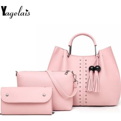 2019 High Quality Large Capacity Casual Solid Tassels Simple Messenger Bag Fashion One-Shoulder Hand Bucket 3 PCS Composite Bag