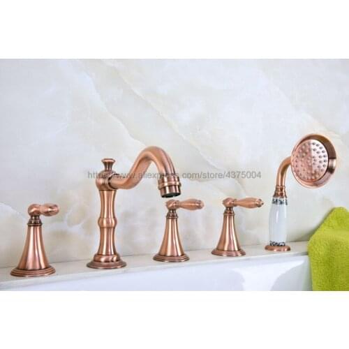 Antique Red Copper Bathtub Shower Faucets 5 hole Basin Sink Taps Three Handle Control with Hand Shower Ntf220