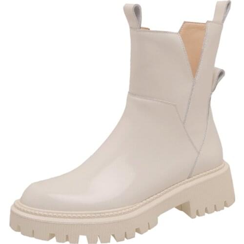 Falajoy Platform Ankle Boots Patent Leather White Black V Cut Combat Booties Woman Fashion Designer Fall Shoes Plus Size 41 42