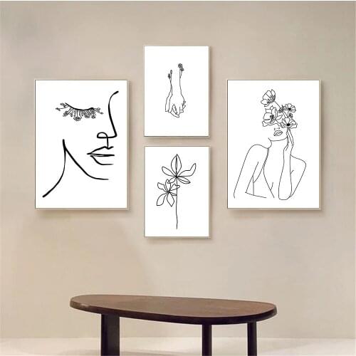 Black And White Flower Canvas Print Woman Face Line Drawing Wall Art Painting Female Poster Wall Pictures Living Room Home Decor