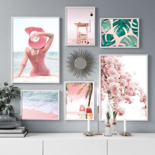 Surfboard Beach Girl Sea Flower Leaf Plant Wall Art Canvas Painting Nordic Posters And Print Wall Pictures For Living Room Decor